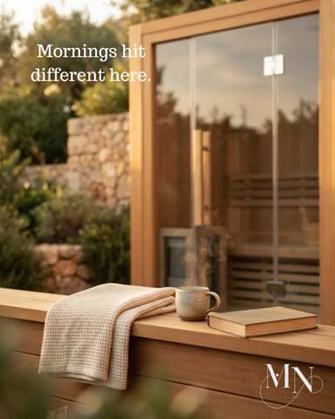 Sauna externa com toalha e café